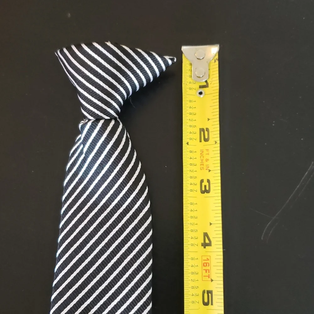 Boys black and white striped Polyeste clip on tie.